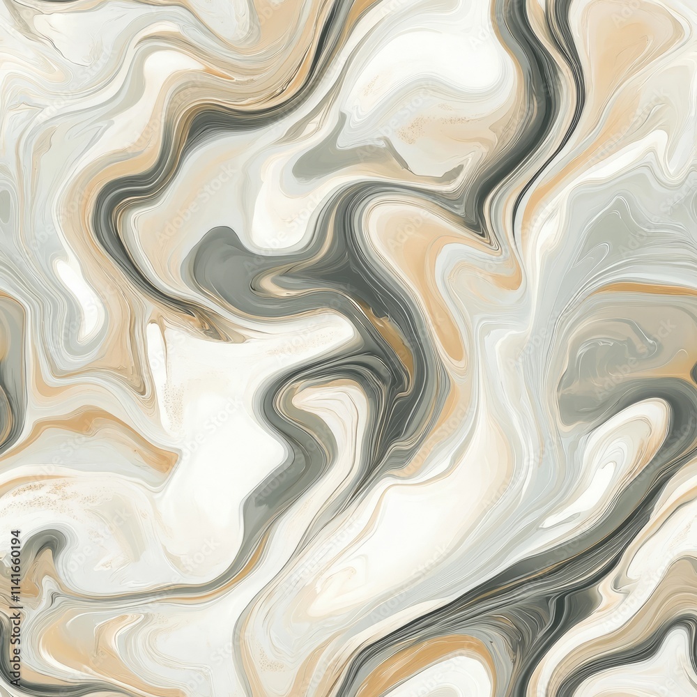 Fototapeta premium Muted Marble Mirage A seamless 2D pattern of soft marble swirls in neutral tones like beige, grey, and white for prints