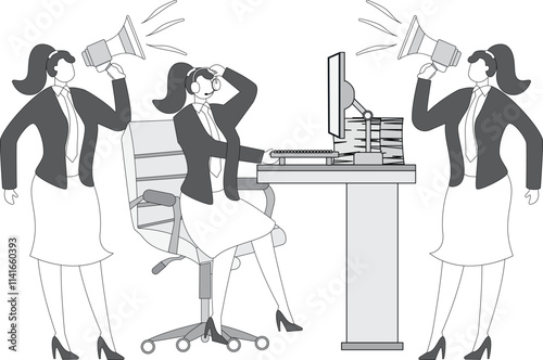 Marketing strategy, media advertising message bombardment, debt or work project rush, hand holding megaphone to businesswoman incessantly talking and complaining