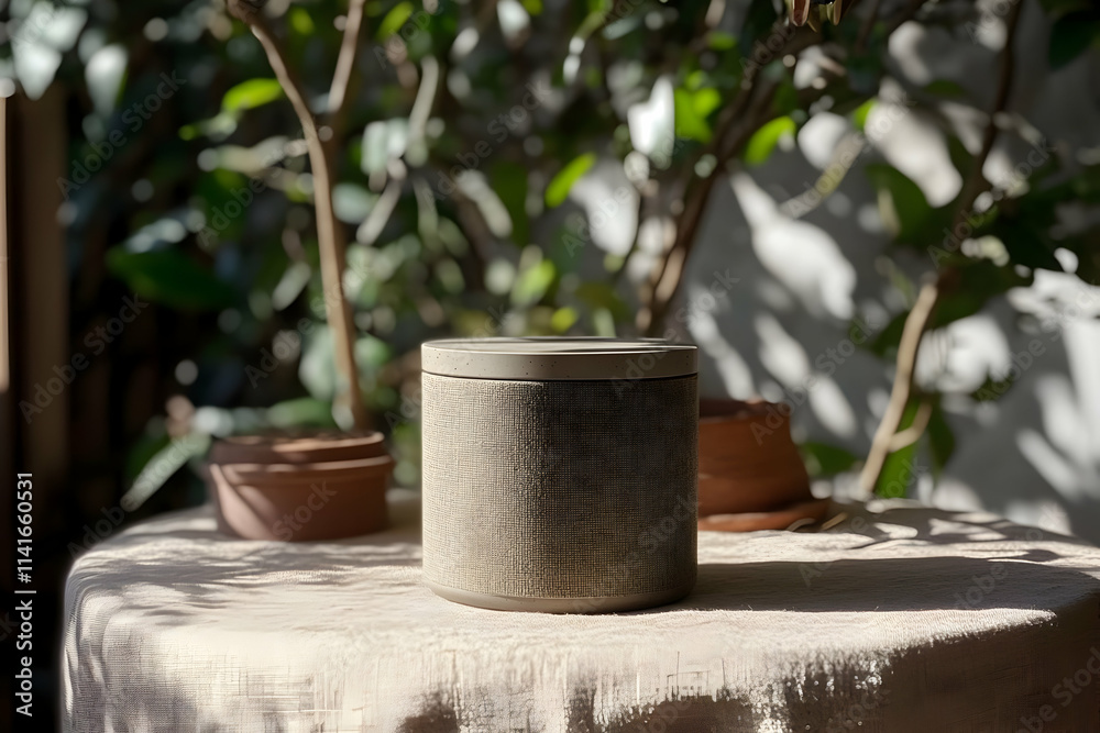 Fototapeta premium Cylindrical container on table outdoors, sunlight.