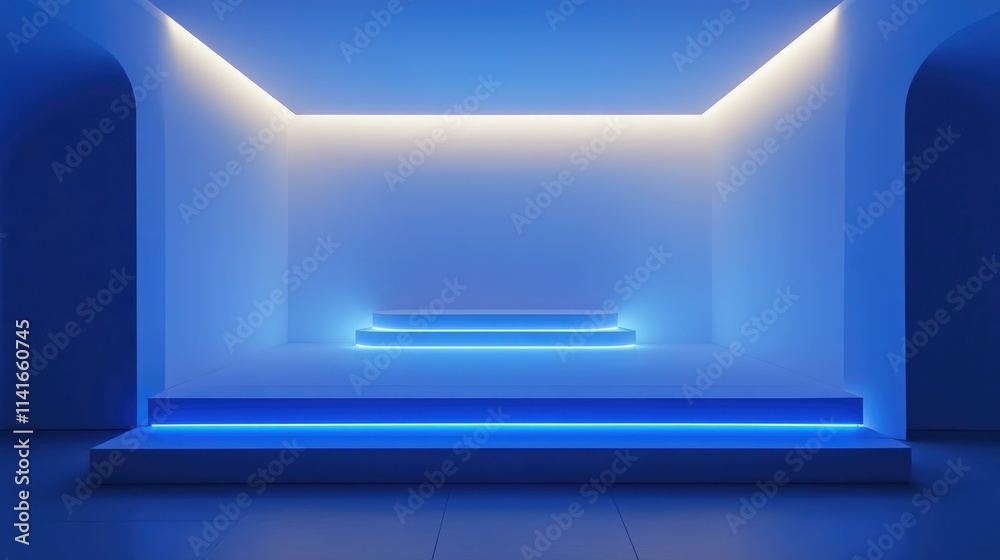A sleek blue podium illuminated by LED lights in a minimalist white room. Ideal for showcasing tech products or futuristic design concepts. A sleek blue podium illuminated by LED lights in a minimalist white room. Ideal for showcasing tech products or futuristic design concepts.