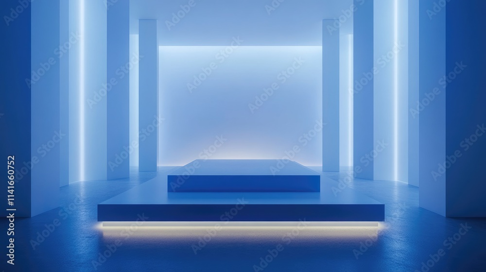 A sleek blue podium illuminated by LED lights in a minimalist white room. Ideal for showcasing tech products or futuristic design concepts. A sleek blue podium illuminated by LED lights in a minimalist white room. Ideal for showcasing tech products or futuristic design concepts.
