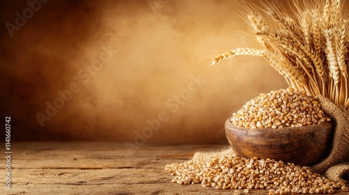 Rustic Display of Beautifully Arranged Wheat in Bowl on Wooden Table with Warm Background