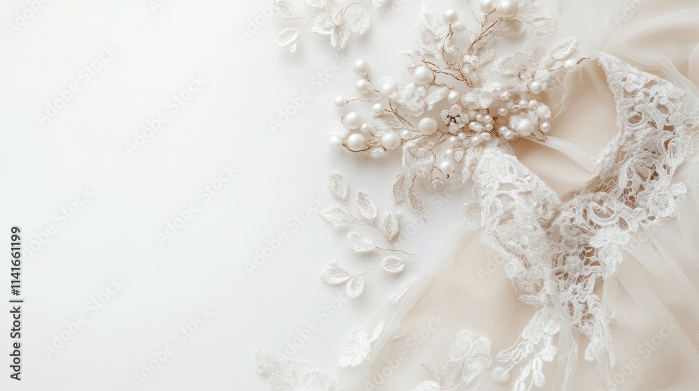 A soft lace dress and elegant hair accessory lying on a clean white background, awaiting the bride finishing touches. Perfect for bridal wear advertisements. A soft lace dress and elegant hair accessory lying on a clean white background, awaiting the bride finishing touches. Perfect for bridal wear advertisements.