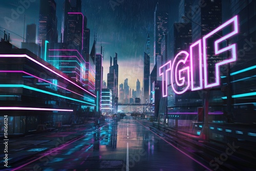 Futuristic Cityscape at Night with Neon Lights and TGIF Signage