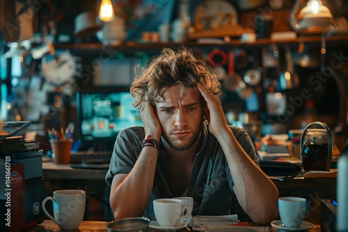 A man sitting in a cafe, looking stressed with hands on his head amidst cluttered surroundings.