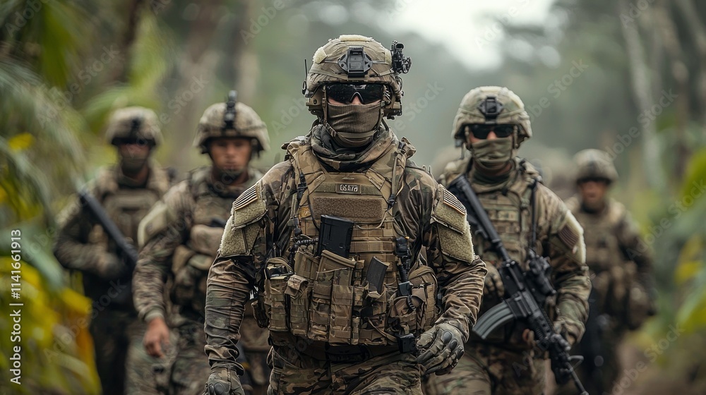 A group of soldiers are walking through a forest A group of soldiers are walking through a forest