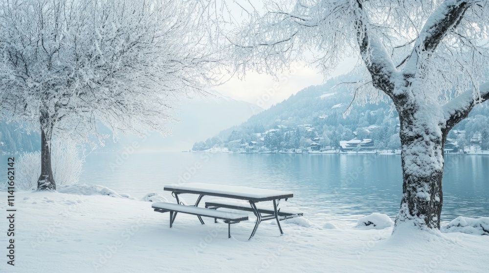 A table covered in snow, with ample space for decoration, set against a serene winter landscape perfect for holiday styling. A table covered in snow, with ample space for decoration, set against a serene winter landscape perfect for holiday styling.
