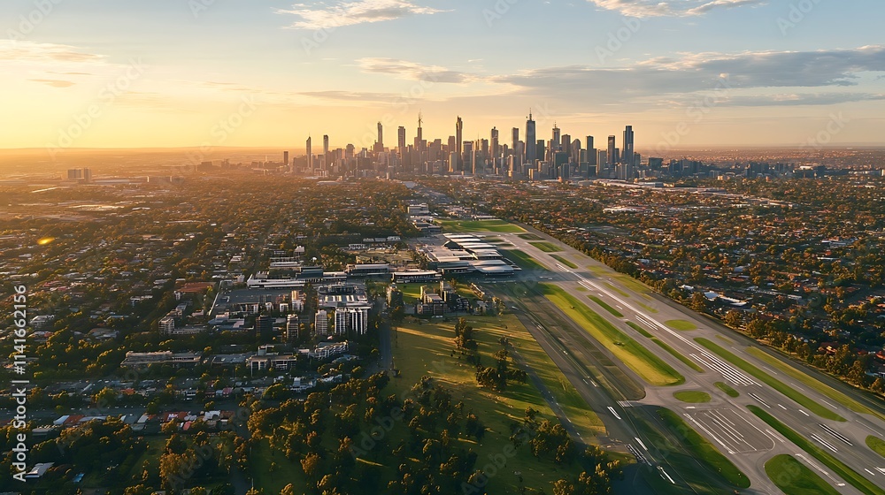 Obraz premium Golden Hour Aerial View of a City Skyline and Airport. AI Generated
