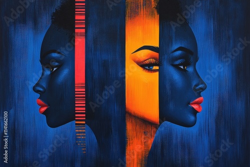 A striking portrait of two Black women, showcasing bold colors and contrasting profiles, evoking deep emotions and dynamic expression.