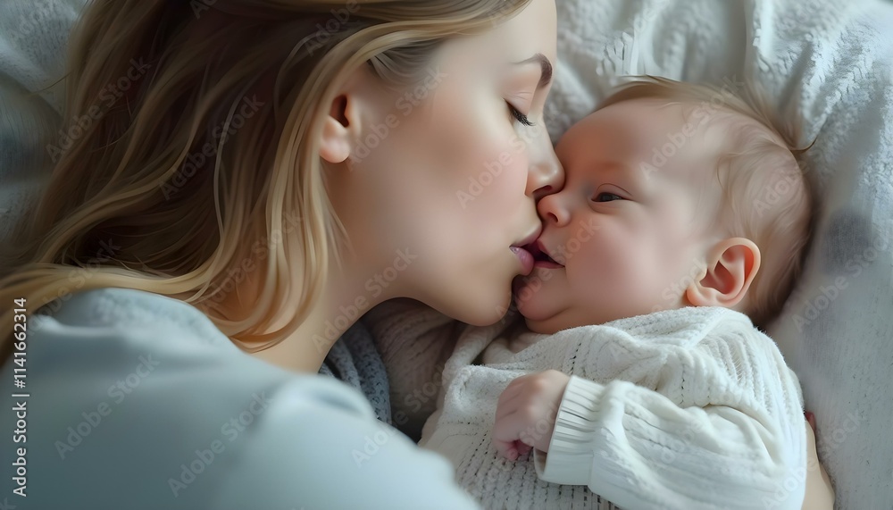 Loving mother tenderly kissing her baby while cuddling together on a cozy bed in a warm and peaceful Loving mother tenderly kissing her baby while cuddling together on a cozy bed in a warm and peaceful