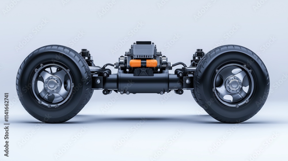 Drivetrain with RWD. system of rear wheel drive. Systems of the drivetrain. Top view. 3D rendering. Drivetrain with RWD. system of rear wheel drive. Systems of the drivetrain. Top view. 3D rendering.