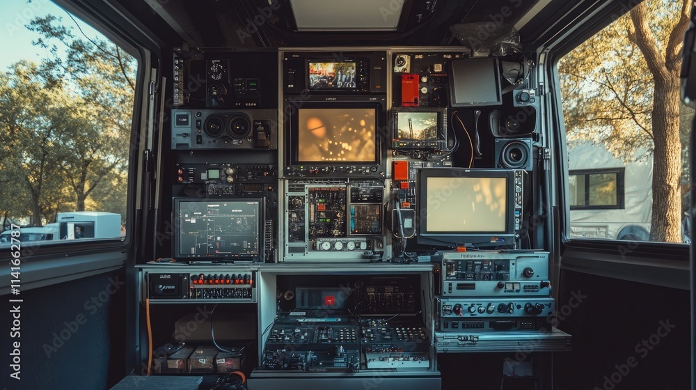 A view of professional equipment in an outside broadcasting van, including cameras, monitors, and control panels for live broadcasting. A view of professional equipment in an outside broadcasting van, including cameras, monitors, and control panels for live broadcasting.