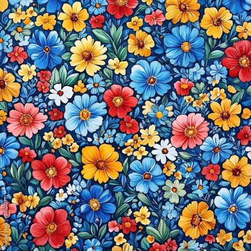 A vibrant floral pattern featuring a mix of red, blue, yellow, and pink flowers on a dark blue background, creating a cheerful ambiance.