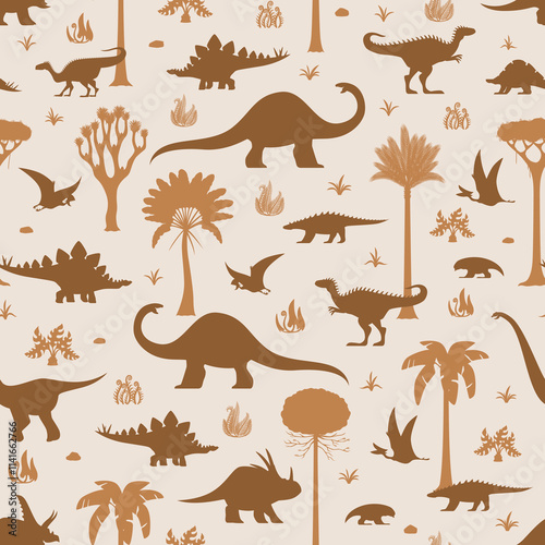 Prehistoric dinosaurs seamless pattern of Jurassic lizards and reptiles, vector background. Kids cartoon dinosaurs pattern of prehistoric era dino animals and birds with jungle forest and palm trees