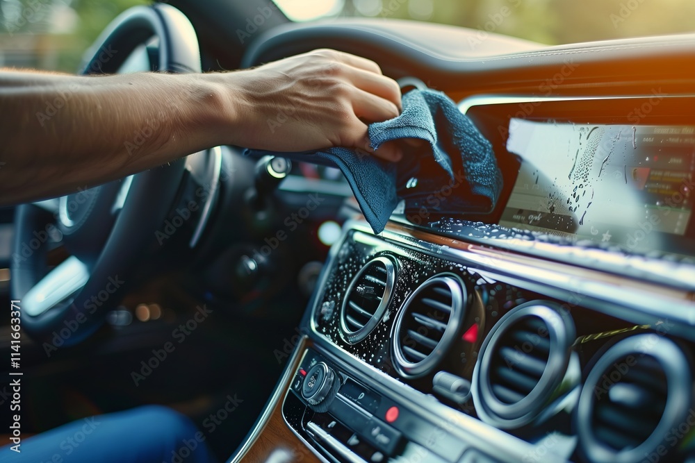 Obraz premium A person cleaning a car dashboard with a microfiber cloth in soft natural light.