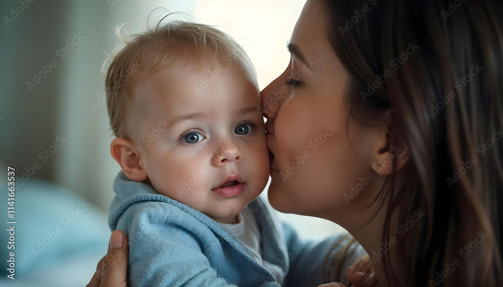 Loving mother tenderly kissing her baby while cuddling together on a cozy bed in a warm and peaceful Loving mother tenderly kissing her baby while cuddling together on a cozy bed in a warm and peaceful