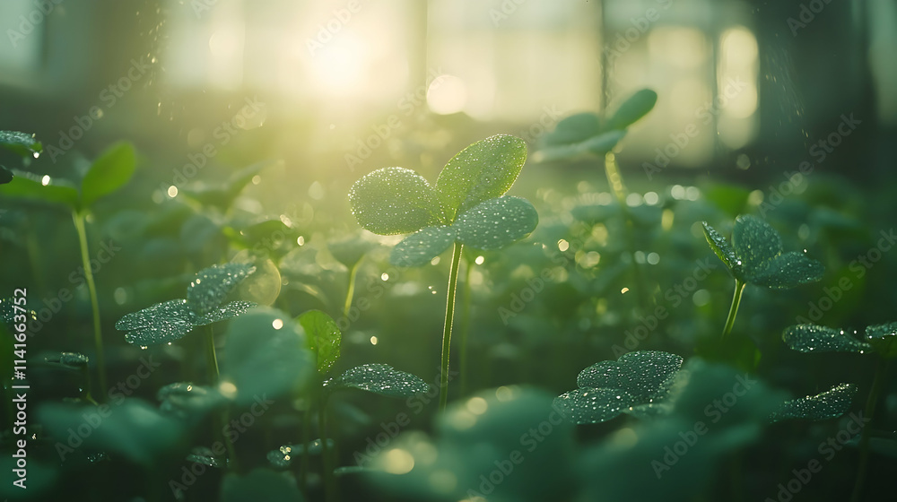 Dew-kissed clover leaves bathed in morning sunlight. Dew-kissed clover leaves bathed in morning sunlight.