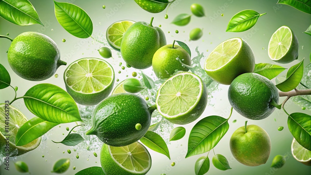 Aerial Lime Fruit & Leaves Falling - AI Photo Aerial Lime Fruit & Leaves Falling - AI Photo