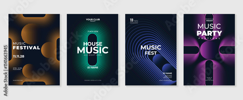 Music poster design background vector set. Electro Sound Cover template with vibrant abstract gradient geometric shape and line wave. Ideal design for social media, flyer, party, music festival, club.