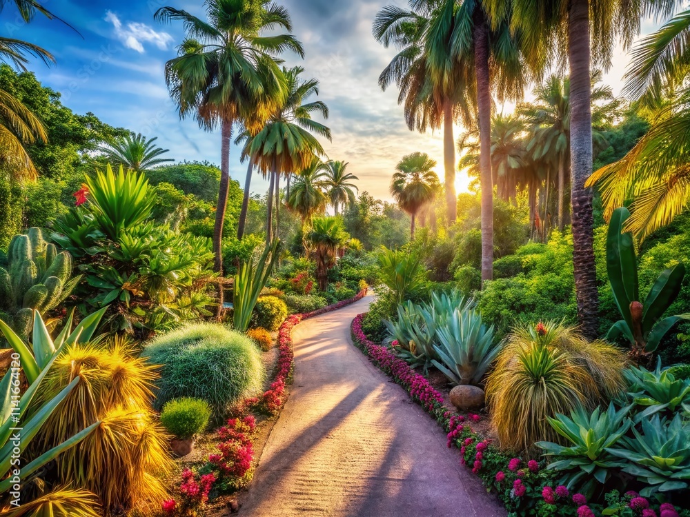 Fototapeta premium Asian Botanical Garden Path, Lush Tropical Road, Summer Escape