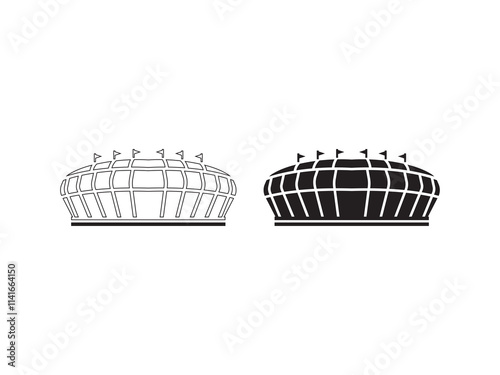 Black sports stadium icon vector illustration, Soccer, cricket line art outline stadium illustration