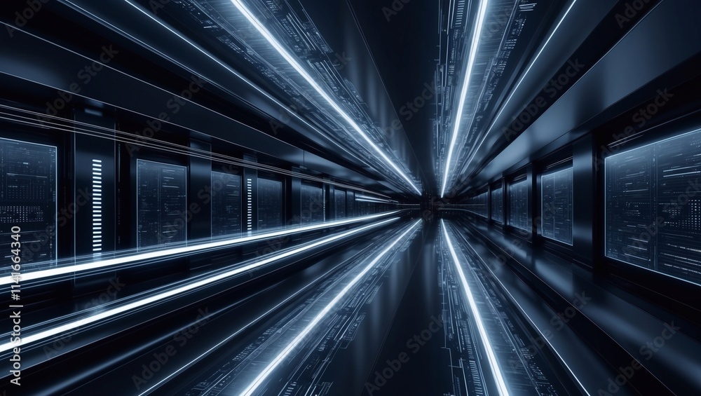 Fototapeta premium Abstract background with blue binary code and light streaks on black, representing data flow in technology or cyber security concept Isolated on white background,