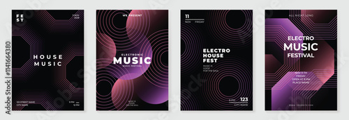 Music poster design background vector set. Electro Sound Cover template with vibrant abstract gradient geometric shape and line wave. Ideal design for social media, flyer, party, music festival, club.