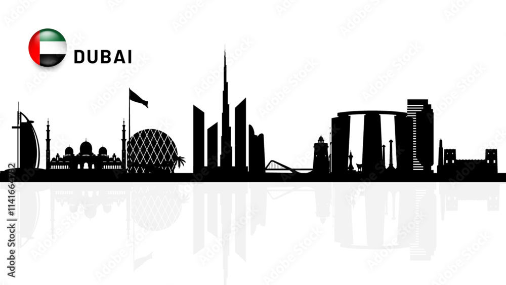 Obraz premium New city Dubai skyline, UAE Urban cityscape, United Arab Emirates skyscraper buildings vector silhouette. vector illustrator 