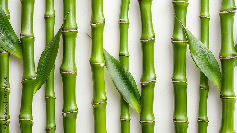 Obraz premium Stylish flat lay composition featuring green bamboo leaves and shoots against a white background