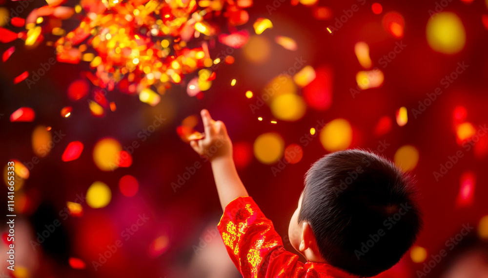 A child joyfully reaching out to colorful confetti in celebration. A child joyfully reaching out to colorful confetti in celebration.