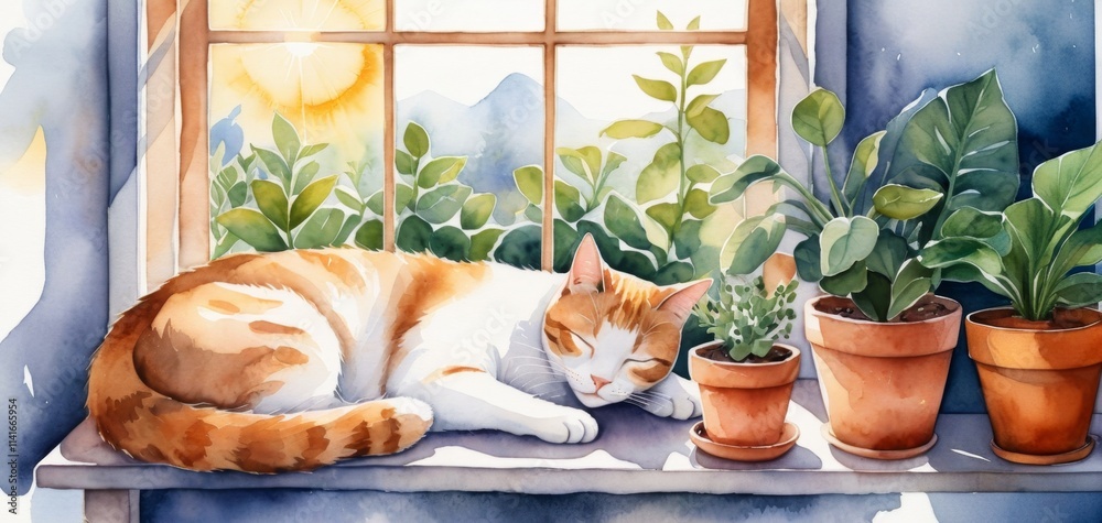 Orange and white cat sleeping on a windowsill with indoor plants in a charming watercolor illustration during March Orange and white cat sleeping on a windowsill with indoor plants in a charming watercolor illustration during March