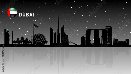 New Dubai skyline, UAE Urban cityscape, United Arab Emirates skyscraper buildings vector silhouette beautiful snow falling night view background . vector illustrator
