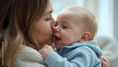 Loving mother tenderly kissing her baby while cuddling together on a cozy bed in a warm and peaceful