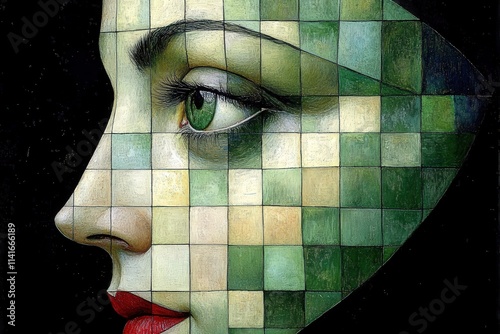 A captivating close-up of a woman's face featuring a mosaic of green and neutral tones, accentuated by striking green eyes and bold red lips.