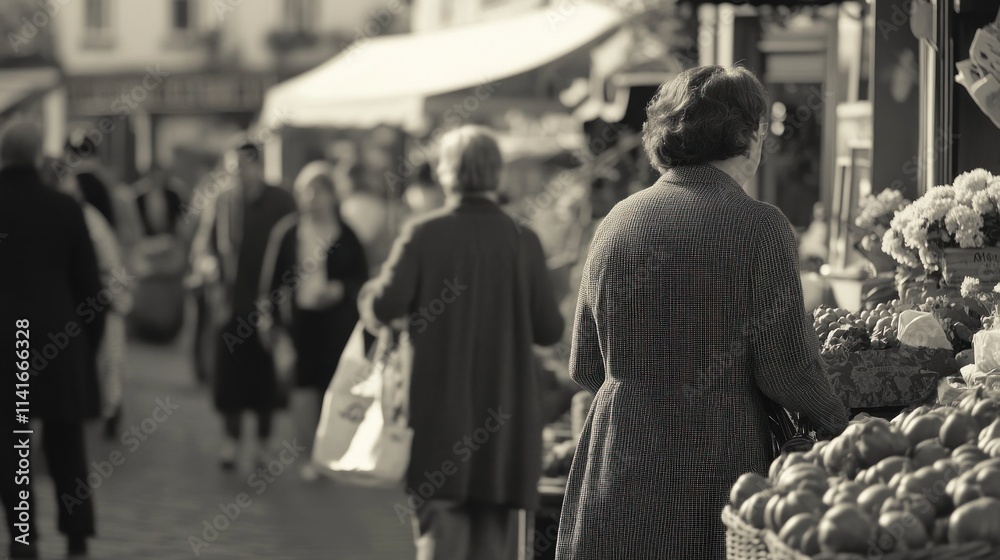 Obraz premium Blurred monochrome market scene with customers.