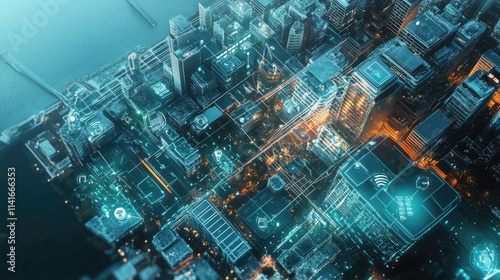 An aerial perspective of a city with digital connectivity icons, showcasing the integration of wireless technology in a modern, smart city.