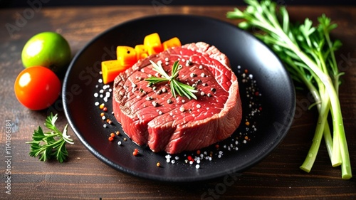 A succulent cut of steak is artistically plated with vibrant vegetables, highlighting a gourmet dining experience with rich colors and textures. photo