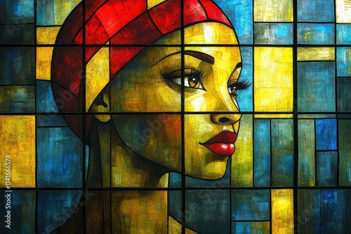 A vibrant portrait of a woman with dark skin and red head wrap, captured in a stunning stained glass design with bold colors.