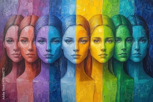 Vibrant mixed media portrait of seven women, each displaying a unique color palette, showcasing diversity and emotional depth. photo