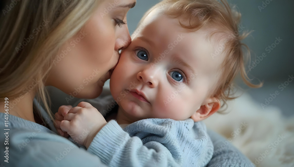 Loving mother tenderly kissing her baby while cuddling together on a cozy bed in a warm and peaceful Loving mother tenderly kissing her baby while cuddling together on a cozy bed in a warm and peaceful