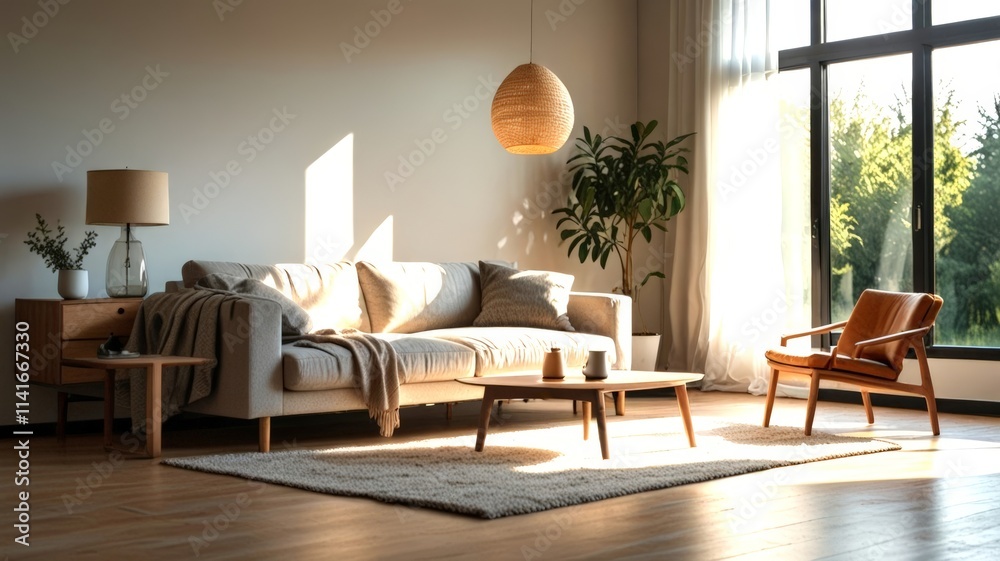 Fototapeta premium A stylish living room bathed in natural light features a cozy sofa, wooden furniture, and a view of lush greenery outside, exemplifying a perfect blend of comfort and modern design.
