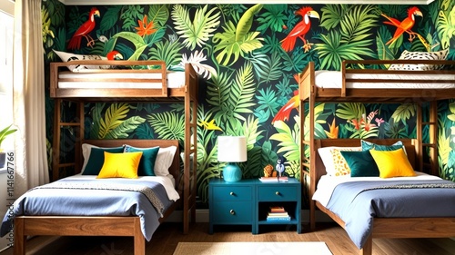 A lively kids' room showcases two sturdy bunk beds adorned with bright cushions, surrounded by a bold jungle-themed mural, perfect for fun and adventurous sleepovers. photo