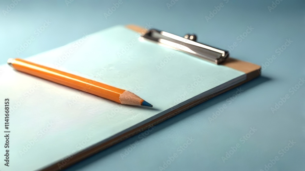 A clipboard with a blank sheet of paper and a bright orange pencil rests against a soothing blue background, perfect for jotting down ideas or notes. A clipboard with a blank sheet of paper and a bright orange pencil rests against a soothing blue background, perfect for jotting down ideas or notes.