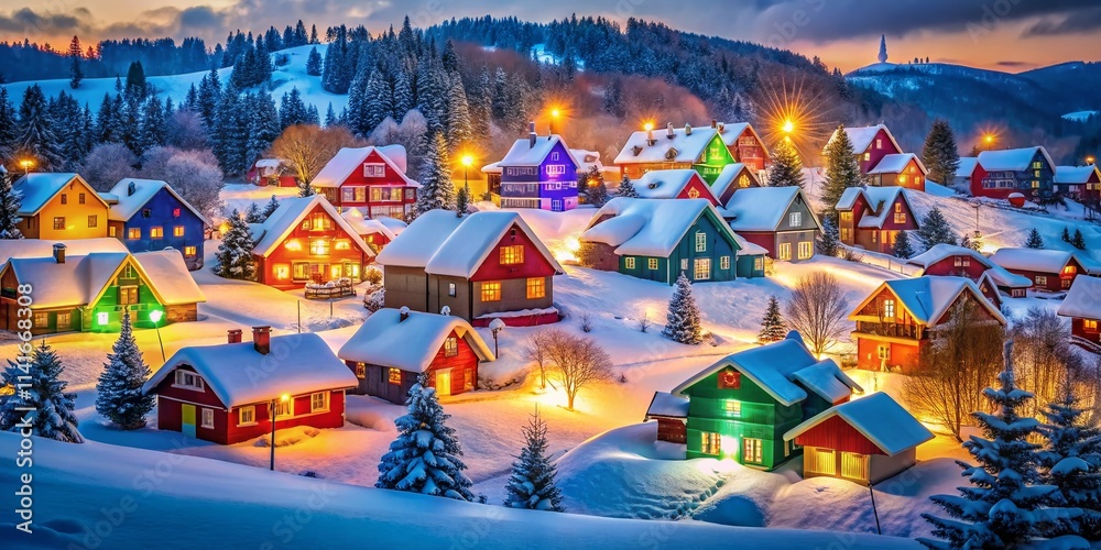 Festive Snowy Village, Colorful Houses, Christmas Hills, AI Art, Winter Wonderland Festive Snowy Village, Colorful Houses, Christmas Hills, AI Art, Winter Wonderland