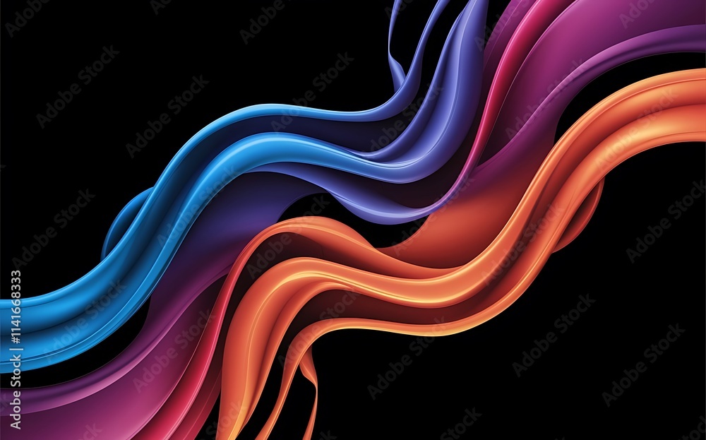 Fototapeta premium Modern trending abstract black background with curving bright full color ribbon of liquid paint template for design presentation flyer card web page vector illustration