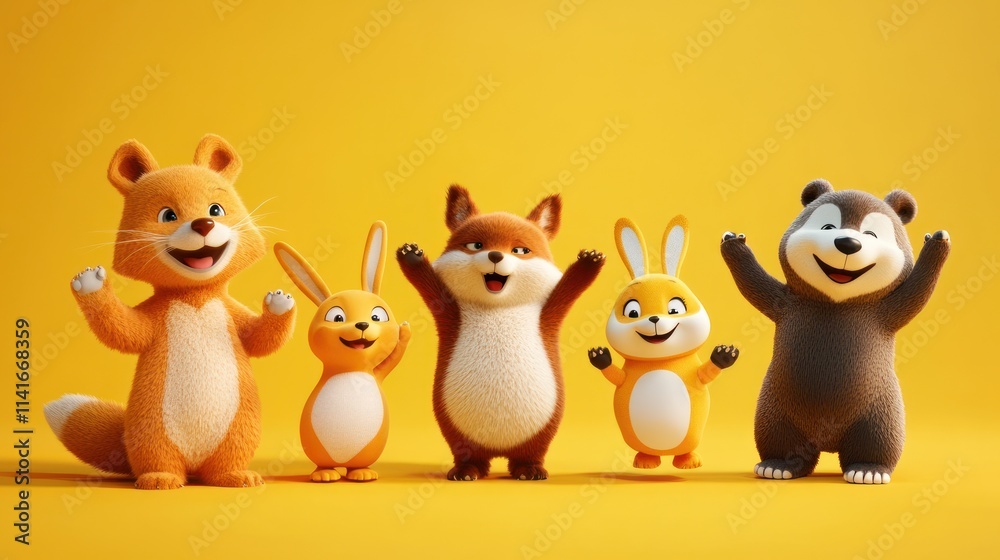 Naklejka premium Animated animals cheering on yellow backdrop.