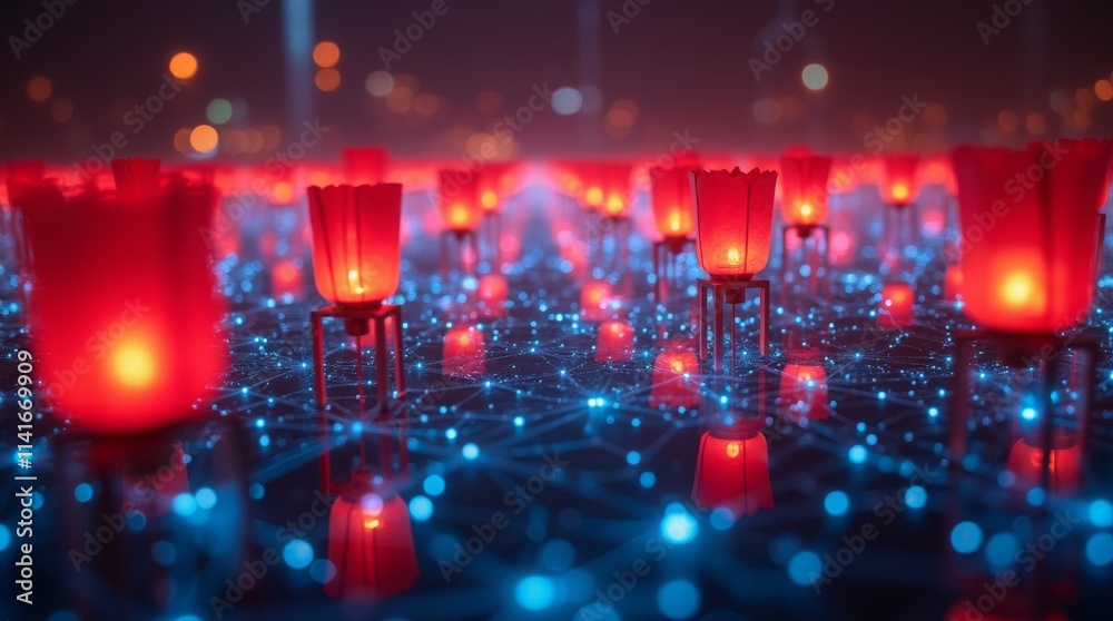 Obraz premium Glowing red lanterns on a digital grid, merging tradition with modern technology