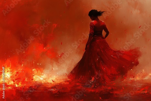 Wallpaper Mural A female figure in a flowing red dress dances gracefully amidst a fiery backdrop, embodying passion and resilience. Torontodigital.ca