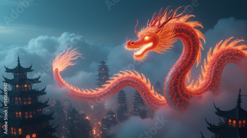 Majestic glowing dragon soars over misty pagodas, blending fantasy with traditional elegance