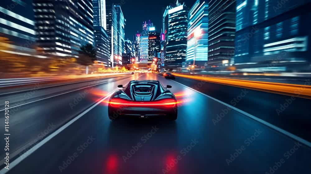 futuristic car hover fast moving on the road with neon light and buildings, cyber city, 